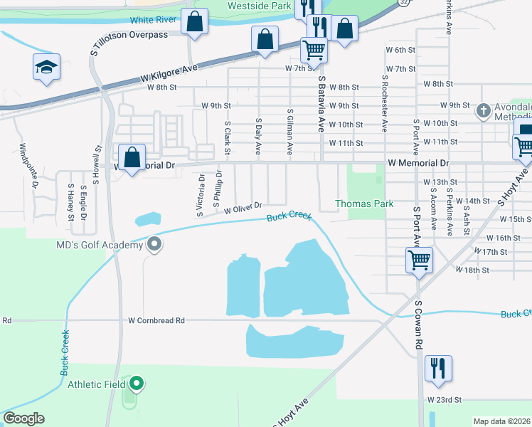 map of restaurants, bars, coffee shops, grocery stores, and more near 2405 W Oliver Dr in Muncie