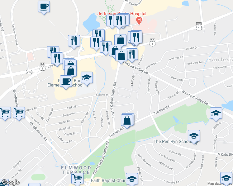 map of restaurants, bars, coffee shops, grocery stores, and more near 253 Liberty Drive in Fairless Hills