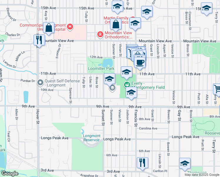 map of restaurants, bars, coffee shops, grocery stores, and more near 1040 Sunset Street in Longmont