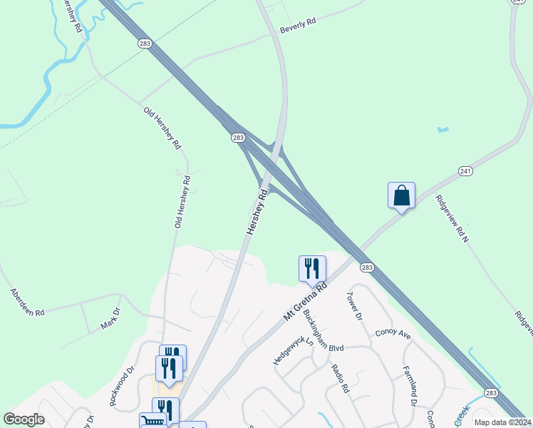 map of restaurants, bars, coffee shops, grocery stores, and more near 377R Hershey Road in Elizabethtown