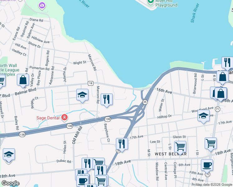 map of restaurants, bars, coffee shops, grocery stores, and more near 1404 Gannet Lane in Wall Township
