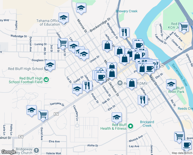 map of restaurants, bars, coffee shops, grocery stores, and more near Lincoln Street & Hickory Street in Red Bluff