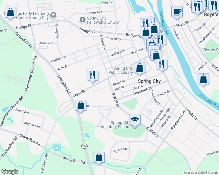 map of restaurants, bars, coffee shops, grocery stores, and more near 502 Broad Street in Spring City