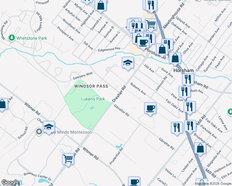 map of restaurants, bars, coffee shops, grocery stores, and more near 500 Dresher Road in Horsham
