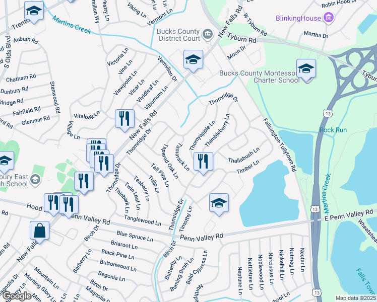 map of restaurants, bars, coffee shops, grocery stores, and more near 23 Thornyapple Lane in Levittown