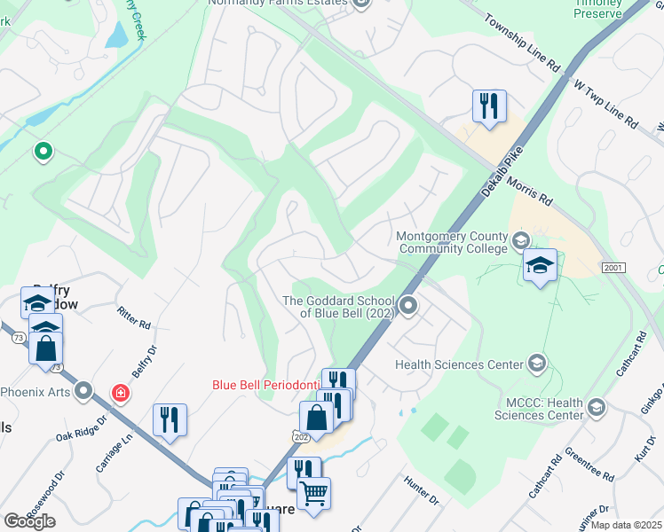 map of restaurants, bars, coffee shops, grocery stores, and more near 321 Saint Andrews Place in Blue Bell