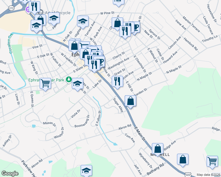 map of restaurants, bars, coffee shops, grocery stores, and more near 167 E Main St in Ephrata