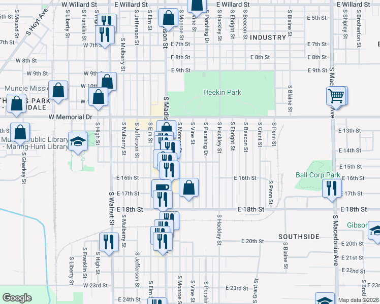 map of restaurants, bars, coffee shops, grocery stores, and more near 2108 South Monroe Street in Muncie