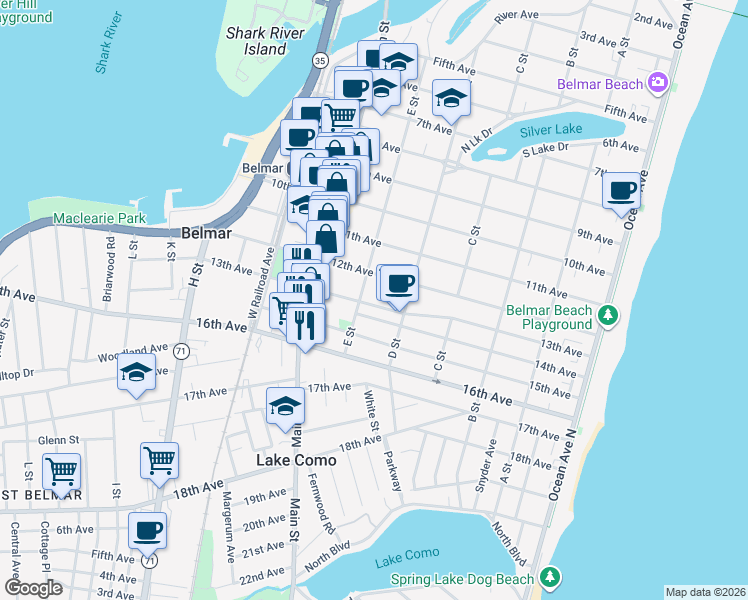 map of restaurants, bars, coffee shops, grocery stores, and more near 514 13th Avenue in Belmar