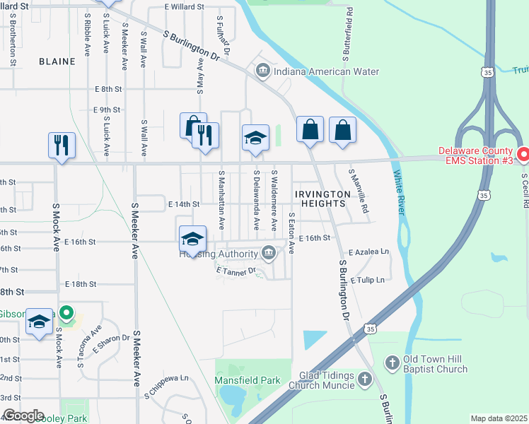 map of restaurants, bars, coffee shops, grocery stores, and more near 2104 South Delawanda Avenue in Muncie