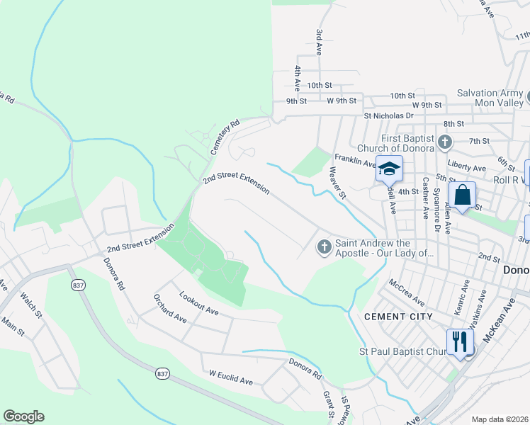 map of restaurants, bars, coffee shops, grocery stores, and more near 45 Manor Road in Donora