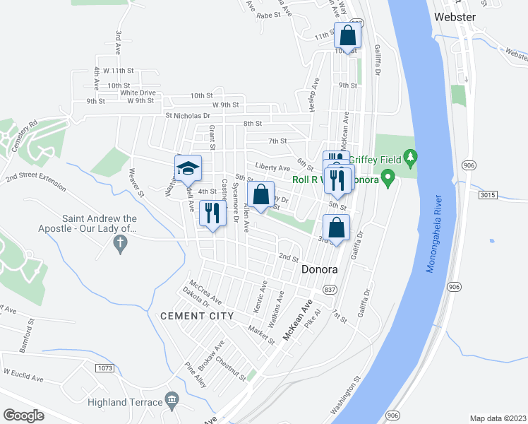 map of restaurants, bars, coffee shops, grocery stores, and more near 430 3rd Street in Donora