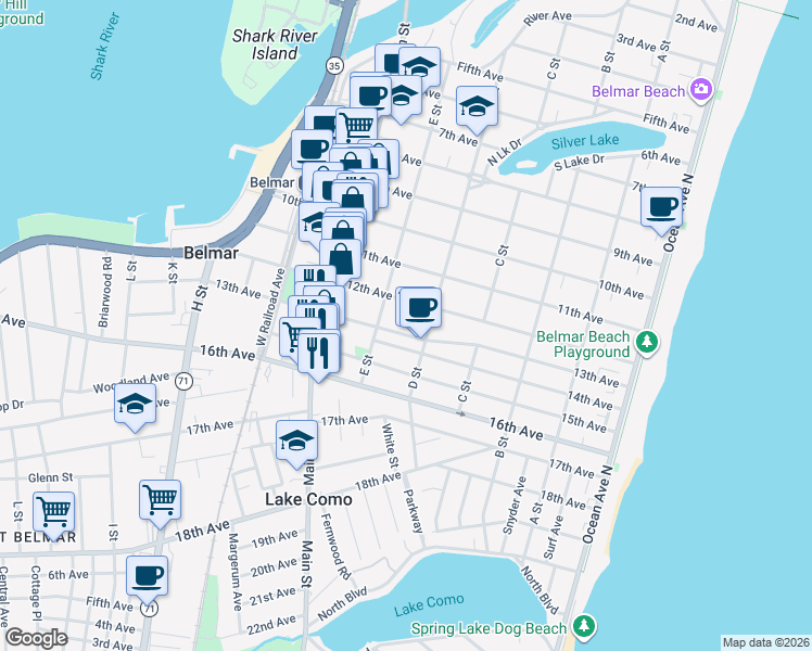 map of restaurants, bars, coffee shops, grocery stores, and more near 508 13th Ave in Belmar