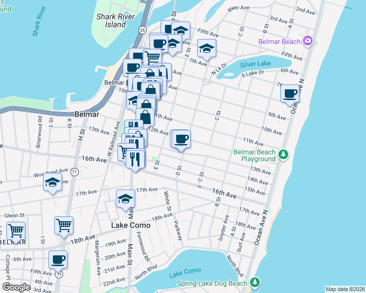 map of restaurants, bars, coffee shops, grocery stores, and more near 508 13th Avenue in Belmar