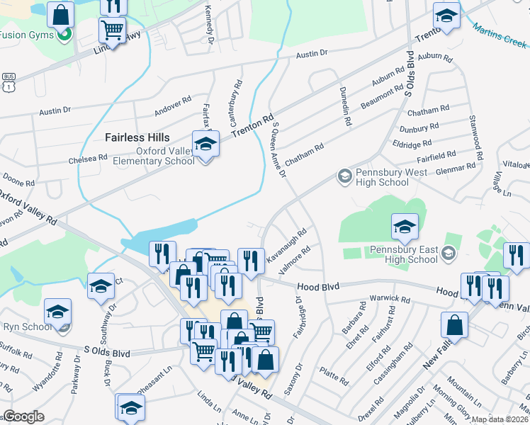 map of restaurants, bars, coffee shops, grocery stores, and more near 518 South Olds Boulevard in Fairless Hills