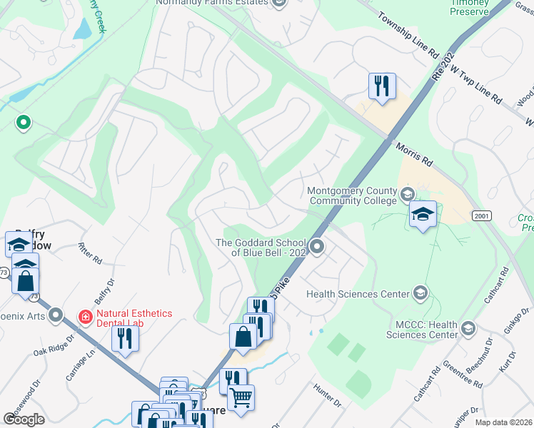 map of restaurants, bars, coffee shops, grocery stores, and more near 106 Saint Andrews Way in Blue Bell