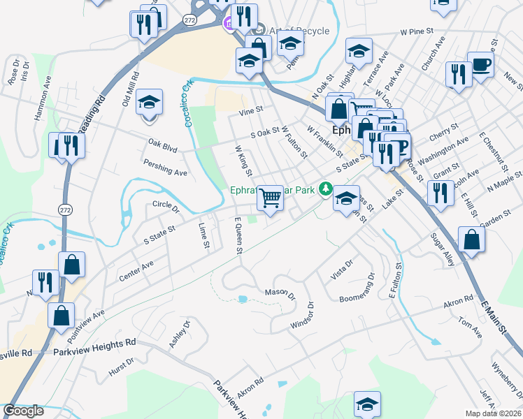 map of restaurants, bars, coffee shops, grocery stores, and more near 434 South State Street in Ephrata