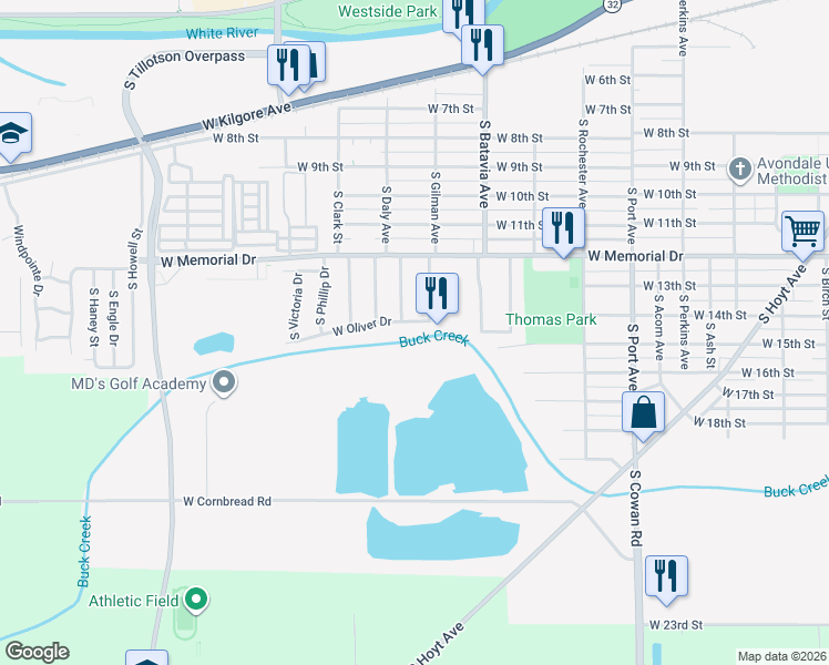 map of restaurants, bars, coffee shops, grocery stores, and more near 2405 W Oliver Dr in Muncie