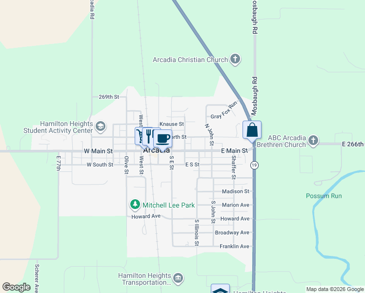 map of restaurants, bars, coffee shops, grocery stores, and more near 300 East Main Street in Atlanta
