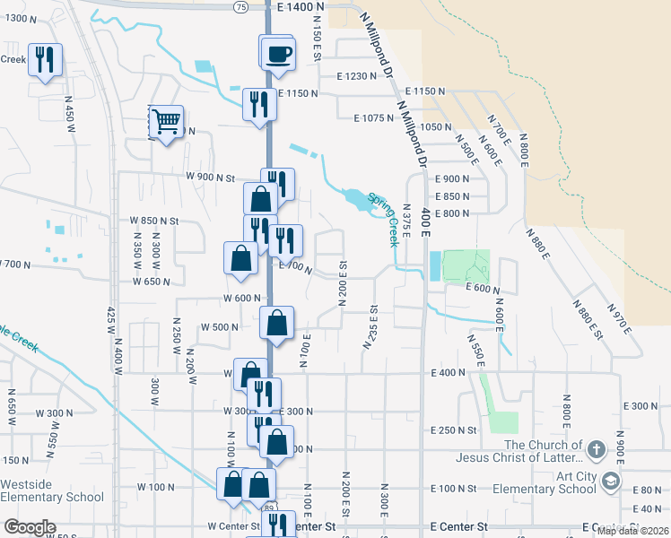 map of restaurants, bars, coffee shops, grocery stores, and more near 177 700 North in Springville