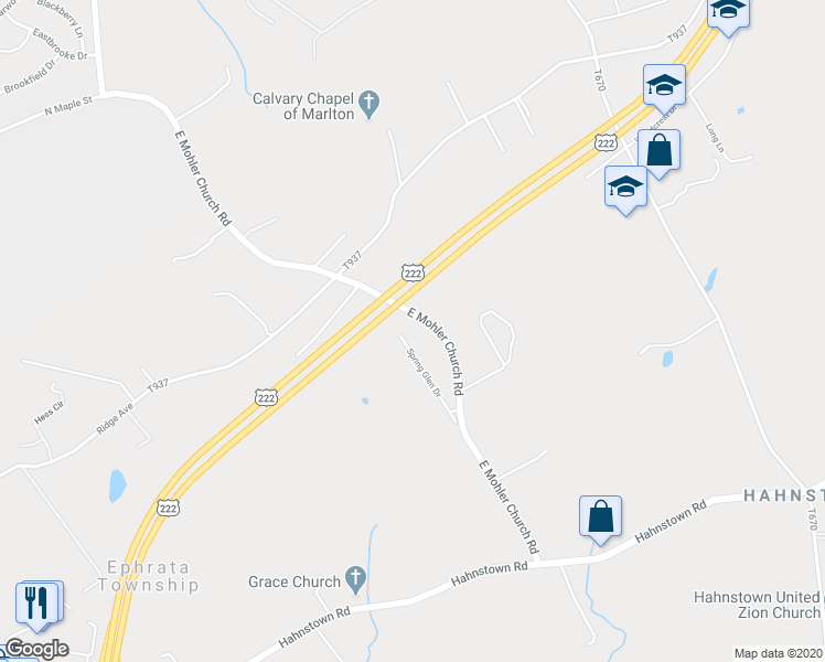 map of restaurants, bars, coffee shops, grocery stores, and more near 317 Spring Glen Drive in Ephrata