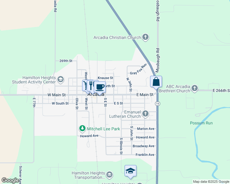 map of restaurants, bars, coffee shops, grocery stores, and more near 300 East Main Street in Atlanta