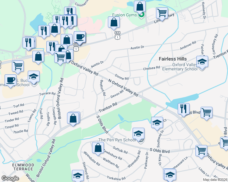 map of restaurants, bars, coffee shops, grocery stores, and more near 219 Devon Road in Fairless Hills