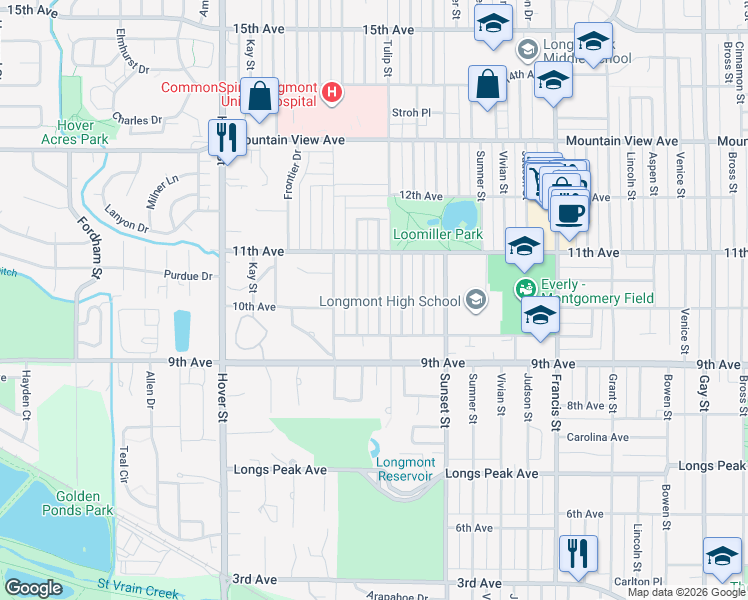map of restaurants, bars, coffee shops, grocery stores, and more near 1011 Tulip Street in Longmont