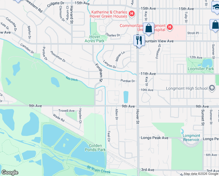 map of restaurants, bars, coffee shops, grocery stores, and more near 2 Durian Court in Longmont