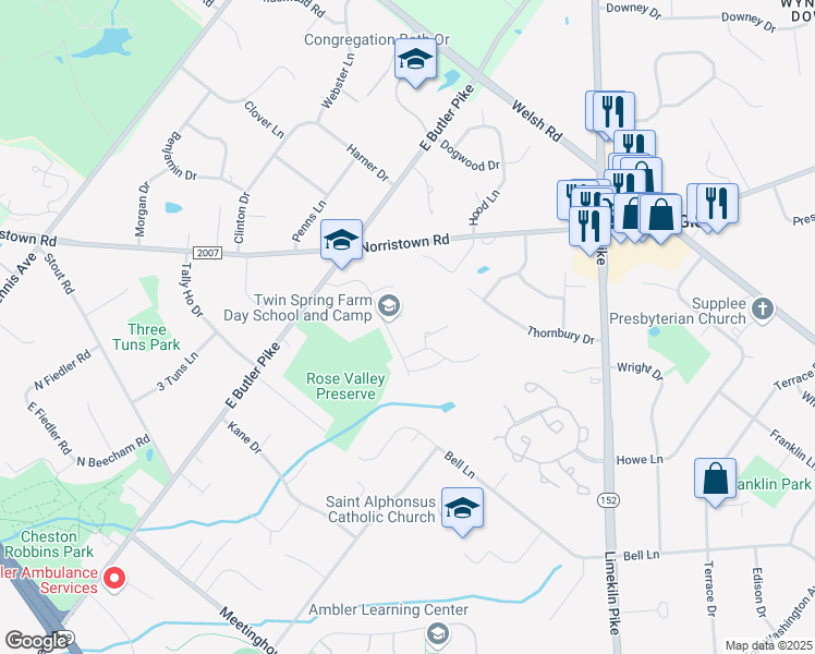 map of restaurants, bars, coffee shops, grocery stores, and more near 1664 Orchard Drive in Maple Glen