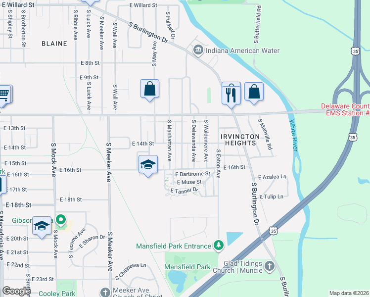 map of restaurants, bars, coffee shops, grocery stores, and more near 2106 South Biltmore Avenue in Muncie