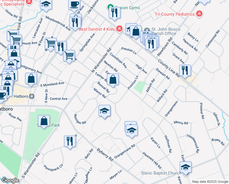 map of restaurants, bars, coffee shops, grocery stores, and more near 430 Tanner Road in Hatboro