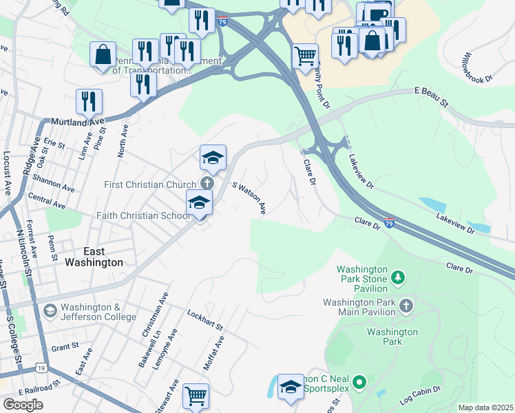 map of restaurants, bars, coffee shops, grocery stores, and more near 85 South Watson Avenue in Washington