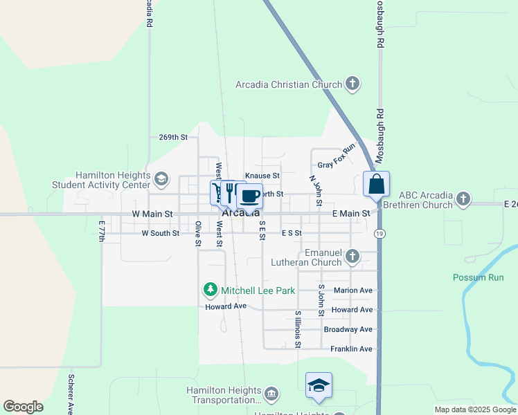 map of restaurants, bars, coffee shops, grocery stores, and more near 120 East Main Street in Atlanta