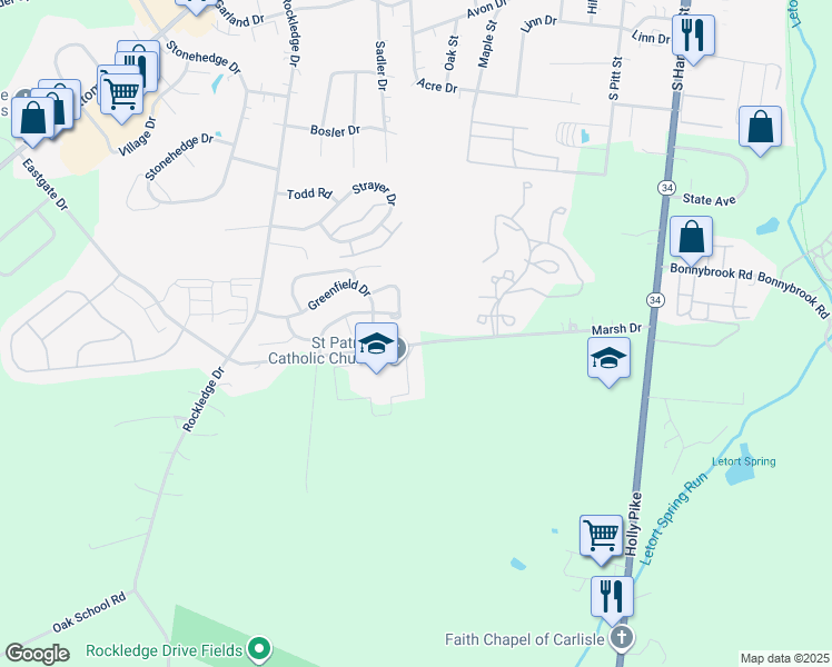 map of restaurants, bars, coffee shops, grocery stores, and more near 82 Marsh Dr in Carlisle