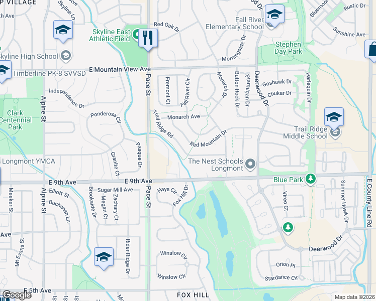 map of restaurants, bars, coffee shops, grocery stores, and more near 1322 Trail Ridge Road in Longmont