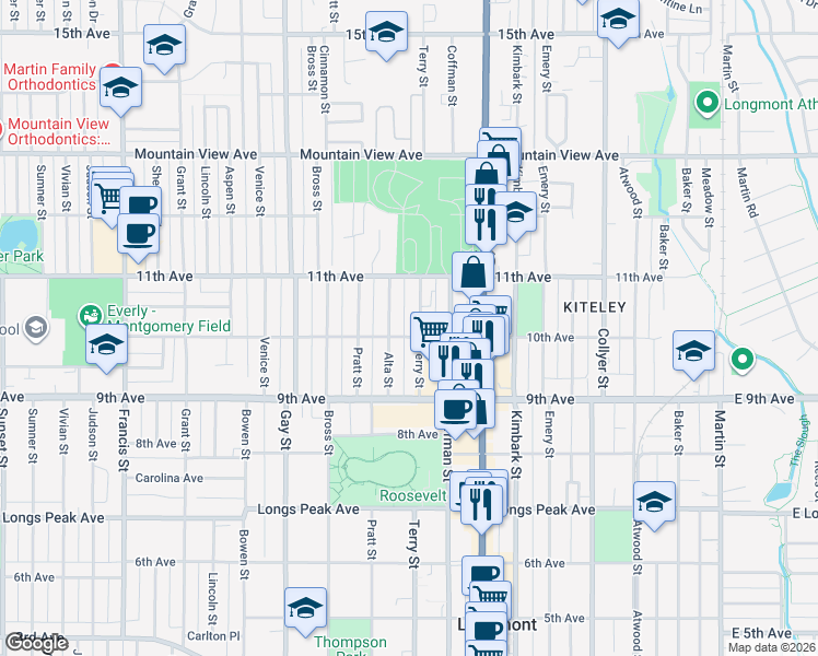 map of restaurants, bars, coffee shops, grocery stores, and more near 716 10th Avenue in Longmont