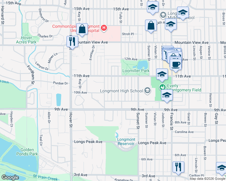 map of restaurants, bars, coffee shops, grocery stores, and more near 1011 Tulip Street in Longmont