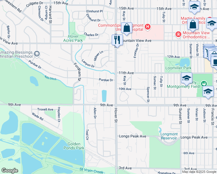 map of restaurants, bars, coffee shops, grocery stores, and more near 2 Ash Court in Longmont