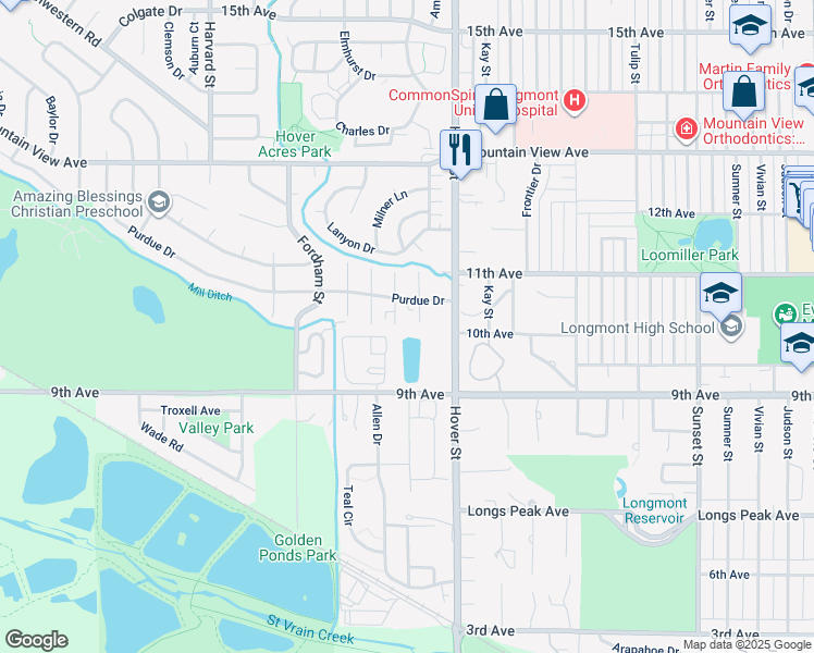 map of restaurants, bars, coffee shops, grocery stores, and more near 5 Birch Court in Longmont