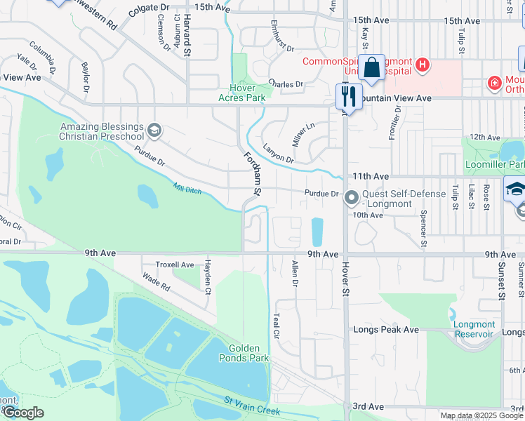 map of restaurants, bars, coffee shops, grocery stores, and more near 971 Reynolds Farm Lane in Longmont