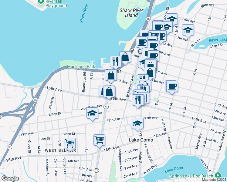 map of restaurants, bars, coffee shops, grocery stores, and more near 1320 H Street in Belmar