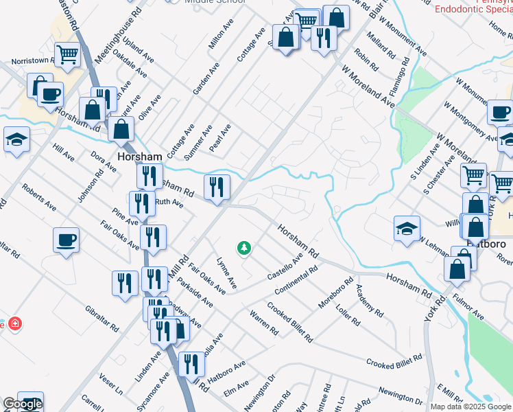map of restaurants, bars, coffee shops, grocery stores, and more near 2615 Horsham Road in Hatboro
