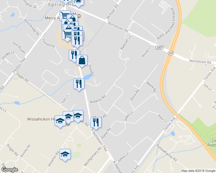 map of restaurants, bars, coffee shops, grocery stores, and more near 817 Roberts Road in Ambler