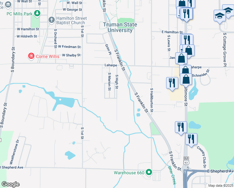 map of restaurants, bars, coffee shops, grocery stores, and more near 1980-2298 S High St in Kirksville