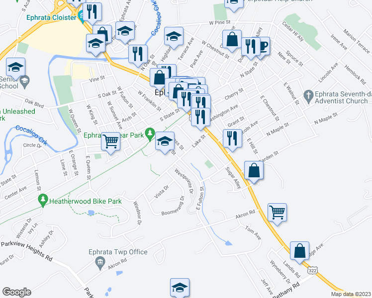 map of restaurants, bars, coffee shops, grocery stores, and more near 86 Gross Street in Ephrata