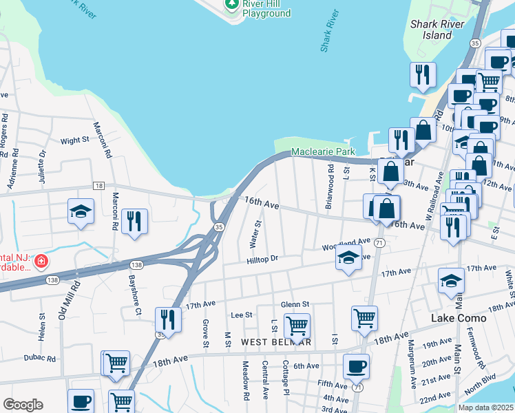 map of restaurants, bars, coffee shops, grocery stores, and more near 1503 16th Ave in Belmar