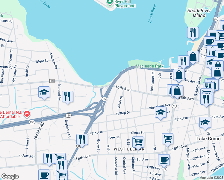 map of restaurants, bars, coffee shops, grocery stores, and more near 1600 M Street in Wall Township