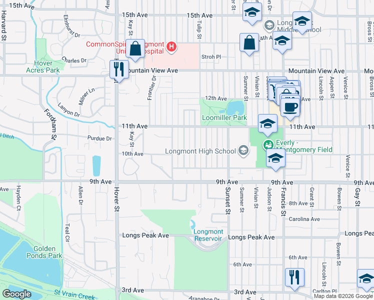 map of restaurants, bars, coffee shops, grocery stores, and more near 1011 Tulip Street in Longmont