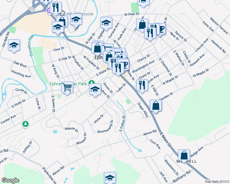 map of restaurants, bars, coffee shops, grocery stores, and more near 117 Lake Street in Ephrata